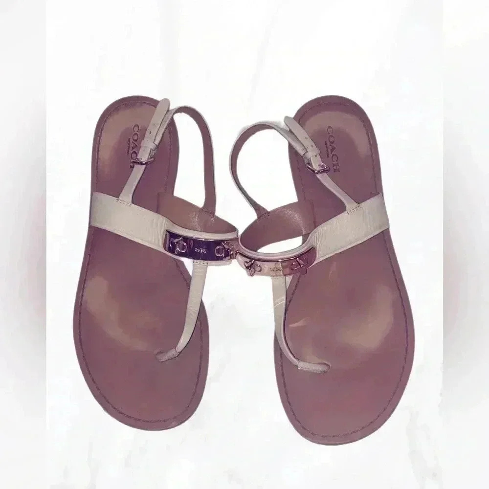 Coach "Cassidy" cream and gold metal buckle thong flat sandals 8